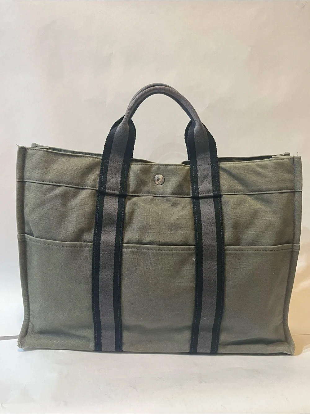 Authentic HERMÈS Fourre Tout MM Canvas Tote | Khaki + Black Stripe | Made in 🇫🇷